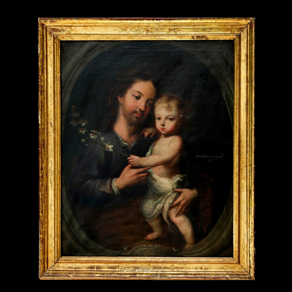 MIGUEL CABRERA (México, 1695 - 1768) - San José con el Niño Jesús.    Óleo sobre lienzo.  Medidas: 57 x 45 cm (sin m