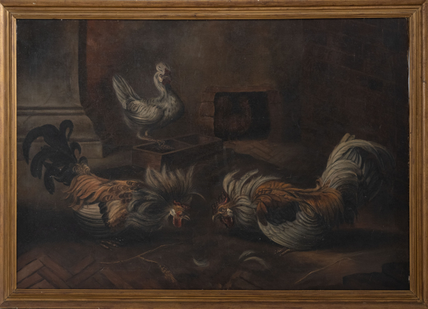&quot;Pelea de gallos&quot;.  Escuela Española del siglo XIX.   Técnica: Óleo/Lienzo