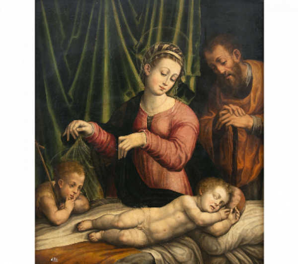 CÍRCULO DE LAVINIA FONTANA (Escuela española, SIGLO XVI).  La Virgen del Silencio; Sagrada Familia con San Juanito y Niño Jesús dormido.   Óleo sobre tabla.