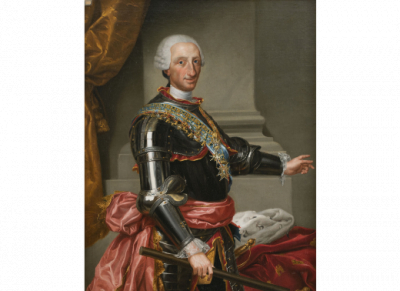 CIRCULO DE ANTON RAFAEL MENGS (1728 - Roma, 1779) y ATRIBUIDO A ANTONIO GONZÁLEZ RUÍZ (Corella, 1711- Madrid, 1788).  Retrato de Carlos III (1716- 1788) H. 1774.   Óleo sobre lienzo. 124 x 101 cm.