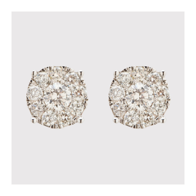 Pendientes rosetón en oro blanco con diamantes talla brillante engastados en garras.