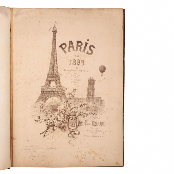"PARÍS EN 1889" 10 aguafuertes originales de L. Gautier, G. Garen, A. Delauney, C. Fonce.  París: Paul Delarue ed., s.a.