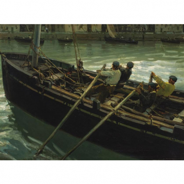 Enrique Martinez Cubells. "Saliendo a faenar". Óleo sobre lienzo. Firmado en el ángulo inferior derecho.