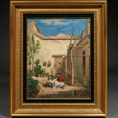 &quot;Mujer Tejiendo en el patio&quot;  MANUEL ARELLANO Y CAMPOS - Escuela Española, S. XIX 