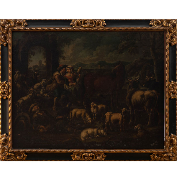 "Pastores con animales" Seguidor de Rosa de Tívoli (1657-1706) Óleo/Lienzo