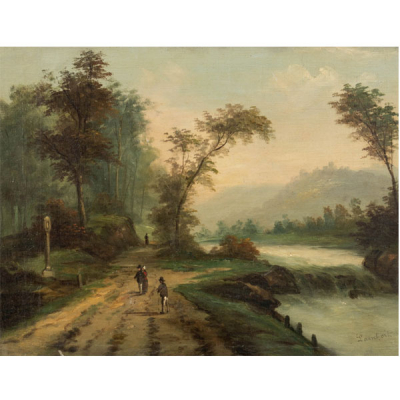  LAMBERT   (S. XIX)  "Paisaje con r&iacute;o y personajes"  Firmado: Lambert.  &Oacute;leo / Lienzo 