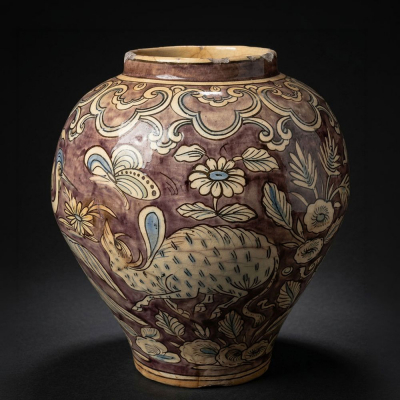 Vasija persa con influencias chinas, Persia, siglo XVIII.   Cer&aacute;mica esmaltada y pintada. 