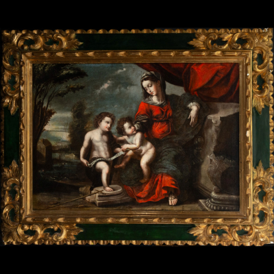 Preciosa y Grande Virgen María junto al Niño Jesús y San Juan Bautista, Maestro Genovés del siglo XVII, Italia.