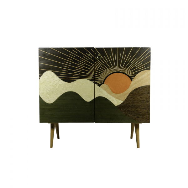 Aparador estilo Mid Century en maderas chapadas contrastadas con decoración de puesta de sol, s.XX.  