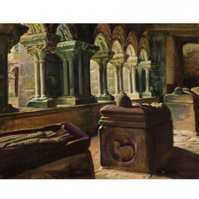 ANDREU Y SENTAMANS, TEODORO (1870 - 1934)   &quot;Claustro de Santiago de Compostela&quot;. Óleo sobre lienzo.