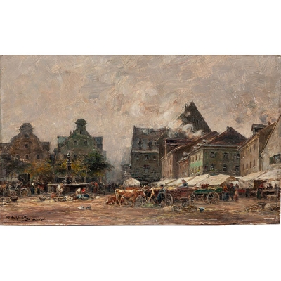 Karl Stuhlmüller (Múnich, 1859 - 1930)  &quot;Mercado con ganado&quot; 