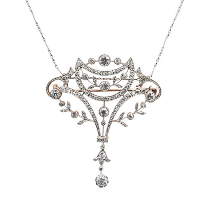 Broche-colgante Belle Époque en oro y vistas en platino con diamantes tallas brillante antigua y rosa holandesa, c.1910.