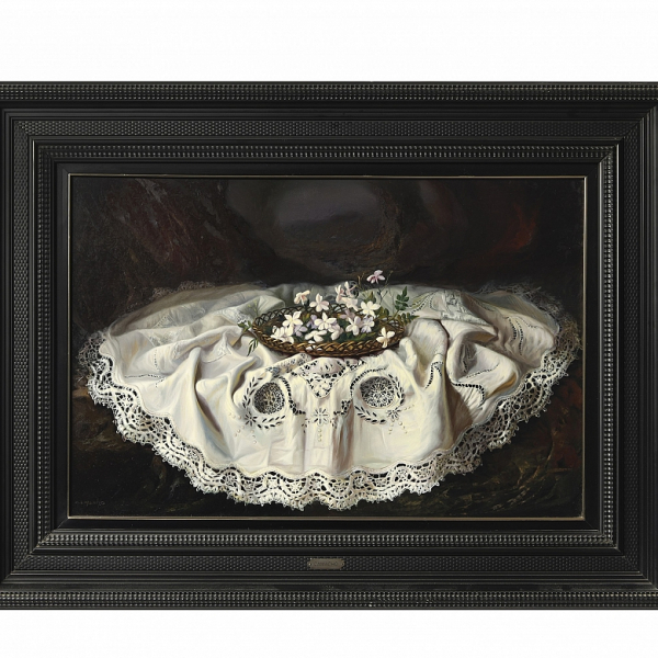 Fernando González Camacho (1925) "Bodegón con jazmín".  Óleo sobre tabla firmado. 