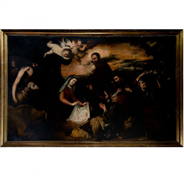Importante "Adoraci&oacute;n de Pastores", versi&oacute;n de taller de Jos&eacute; de Ribera, escuela Napolitana del siglo XVII.   &Oacute;leo sobre lienzo.