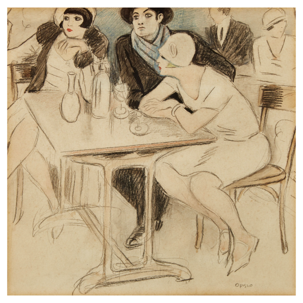 Ricard Opisso Sala (Tarragona, 1880-Barcelona, 1966) Picasso en un caf&eacute; de Par&iacute;s. Dibujo en t&eacute;cnica mixta sobre papel.