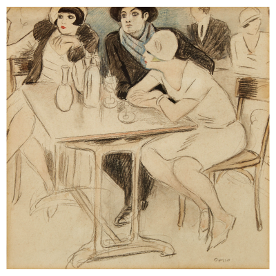 Ricard Opisso Sala (Tarragona, 1880-Barcelona, 1966) Picasso en un caf&eacute; de Par&iacute;s. Dibujo en t&eacute;cnica mixta sobre papel.