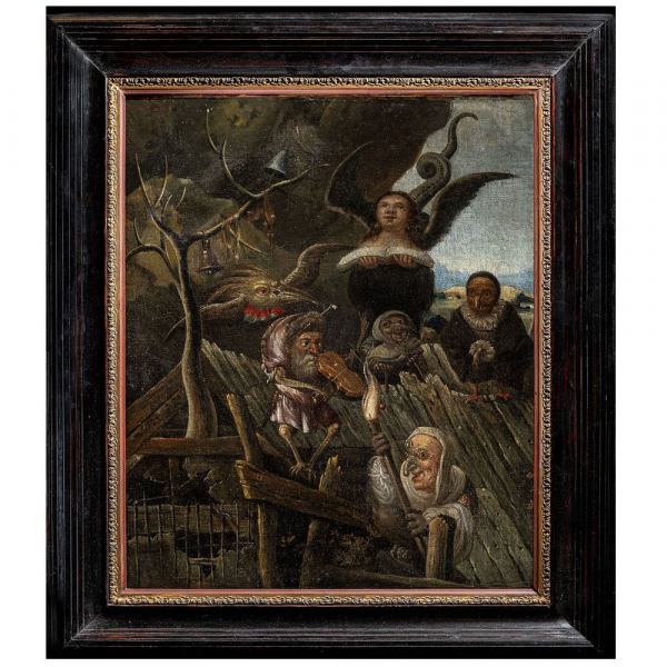 Círculo de Hieronymus Bosch (Bolduque, c. 1450-1516) "El techo de la locura" (Alegoría de la caída).   Óleo sobre lienzo.