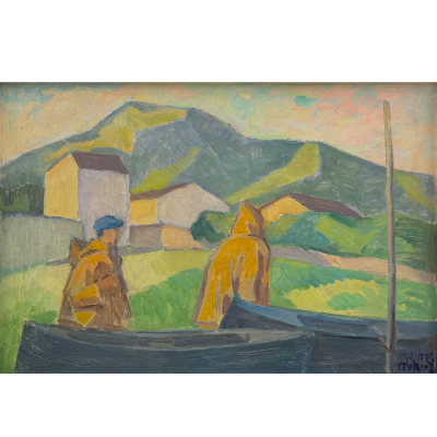 "Pescadores de Fuenterrab&iacute;a"  GASPAR MONTES ITURIOZ (Ir&uacute;n, 1901-1998).  &Oacute;leo/T&aacute;blex