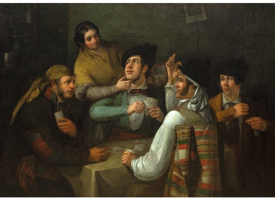 SEGUIDOR DE JOAQUÍN DOMÍNGUEZ BECQUER (Escuela sevillana, siglo XIX)  Engaño en una partida de cartas en una taberna 