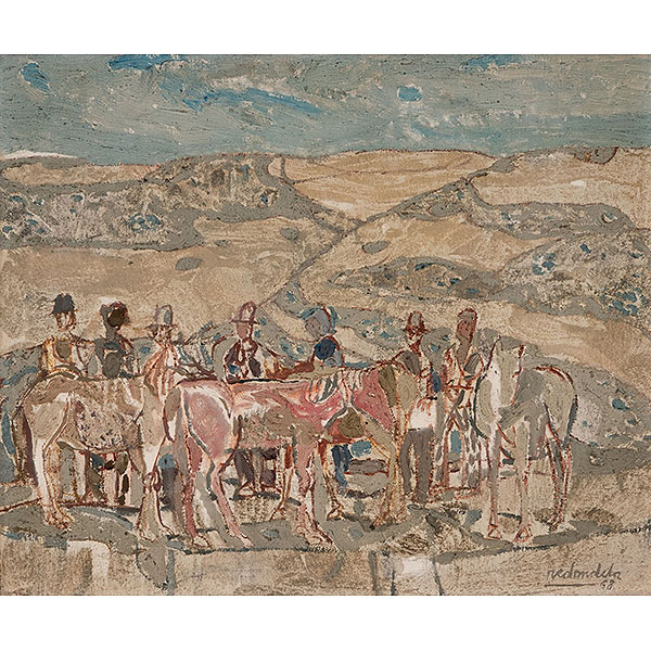 AGUSTIN REDONDELA   (Madrid 1923 - 2015).  "Paisaje con campesinos y caballos "  Firmado: Redondela 68.  Óleo / Lienzo  