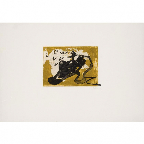 Antoni Tàpies. "Sabata i ocre (1987)". Firmado. Aguafuerte, carborundum, barniz y litografía en varias tintas sobre papel Capellades. 