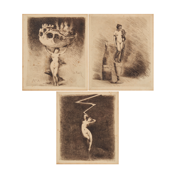 Joseph Zacharie Jacques Apoux Absinthe. Le Punch. L’Éclair. Lote de tres grabados 