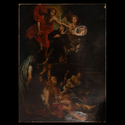 &quot;Jesucristo apareciéndose a San Roque&quot; Escuela italiana del siglo XVII.  Óleo sobre lienzo
