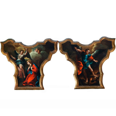 Pareja de Remates de Altar Barroco pintados al óleo representando la Anunciación y a San Miguel Arcángel, Italia, siglo XVIII. 