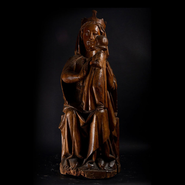 Exquisita Gran Virgen Sedente "Sedes Sapientiae" Gótica Alemana en roble, siglo XV. 