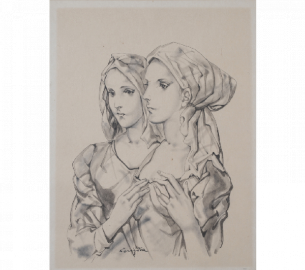 TSUGUHARU FOUJITA (Edogawa, Tokio; 1886 - Zúrich, Suiza; 1968) Les deux jeunes femmes filles, c.1951