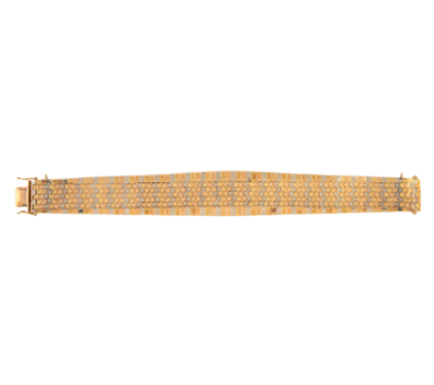 Brazalete de malla flexible italiana a&ntilde;os 60 en oro de tres colores con dise&ntilde;o geom&eacute;trico en oro mate entre bandas de oro 18K.