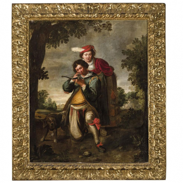 Escuela Italiana SS. XVI-XVII.   "Ballestero apuntando al espectador". &Oacute;leo sobre lienzo. Importante marco de &eacute;poca.