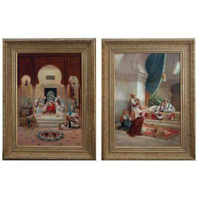 Pareja de "Escenas Orientalistas de Har&eacute;n" de Jos&eacute; Cala de Moya, Escuela Sevillana del siglo XIX.  