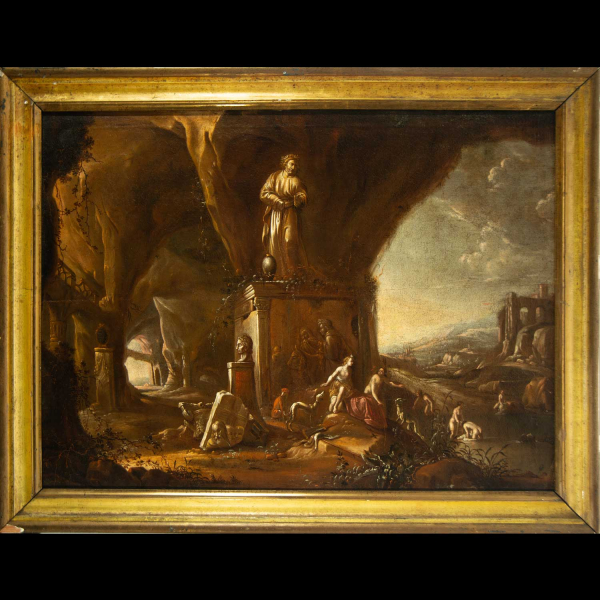 Decorativa Diana cazadora en un "capriccio" - Abraham Van Cuylenborg (Utrecht, c. 1610/1620–1658), escuela flamenca del siglo XVII.