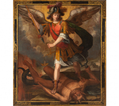 ANGELINO MEDORO (1567-1633) El Arcángel San Miguel venciendo al demonio con marco fingido
