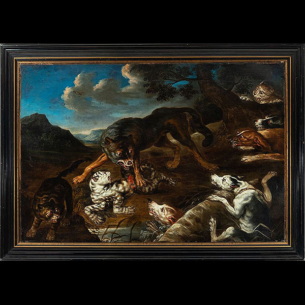 Escena de Caza, escuela flamenca de Paul de Vos del siglo XVII.