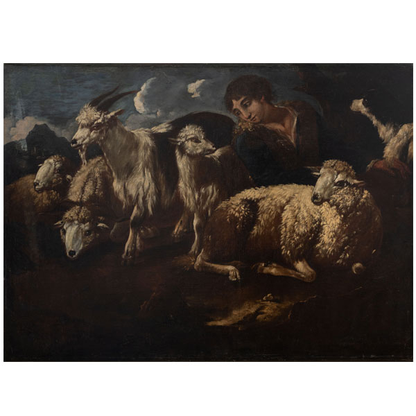 "Paisaje con pastor, ovejas, cabra y perro"  PHILIPP PETER ROOS, LLAMADO ROSA DA TIVOLI (Fráncfort del Meneo, 1657- Roma, 1706). 