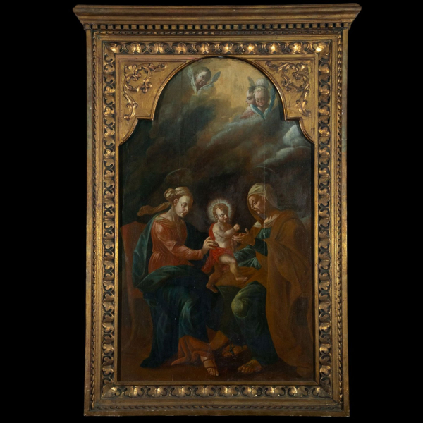 Gran Óleo sobre tabla de Virgen María con Santa Ana y el Niño Jesús, escuela flamenca de finales del siglo XVI.