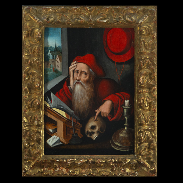 Importante San Gerónimo en su Estudio sobre tabla - Atribuído a Joos Van Cleeve y su taller, escuela flamenca del siglo XVI.