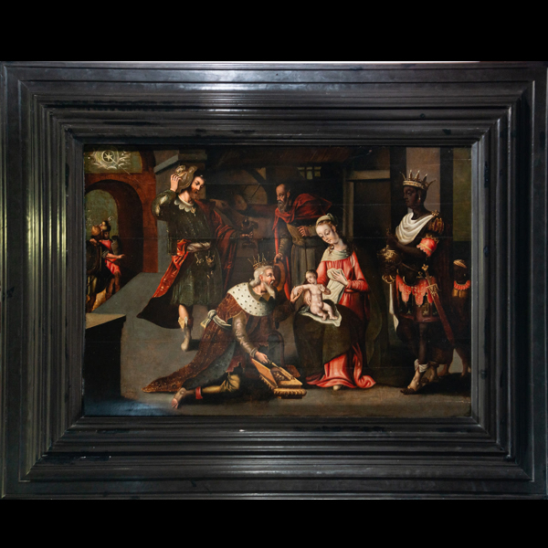 Gran Óleo sobre tabla representando la Adoración de Reyes, escuela Ítalo Flamenca del siglo XVI.