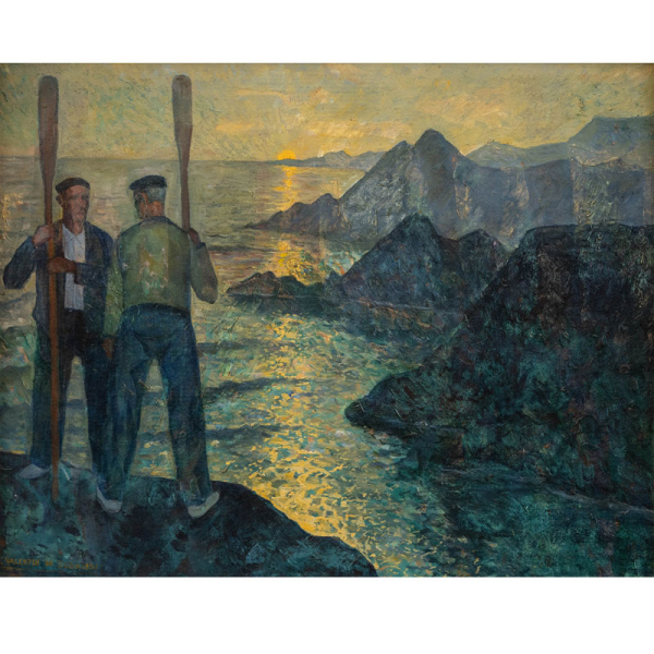 "Marineros con remos y la costa vasca de fondo" VALENT&Iacute;N DE ZUBIAURRE (Madrid, 1879-1963) &Oacute;leo/Cart&oacute;n
