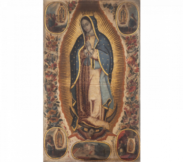EL TIZIANO AMERICANO (Escuela mexicana, siglo XVIII).  Virgen de Guadalupe con una guirnalda de flores y las escenas de las apariciones del indio Juan Diego en las esquinas y vista del cerro de Tepeyac, h. 1740.   Óleo sobre lienzo.