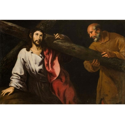 ESCUELA SEVILLANA S XVII.   &quot;Cristo y el Cireneo&quot;. Óleo sobre lienzo.