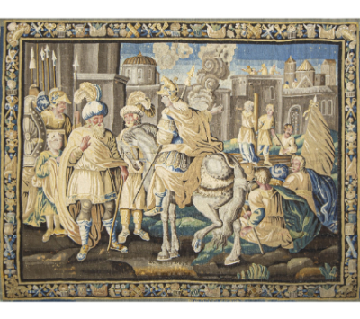 Tapiz en lana con escena narrativa. Marcado: "M-RDEFELETIN.B".  Felletin, Aubusson, finales del S. XVII - principios del S. XVIII. 