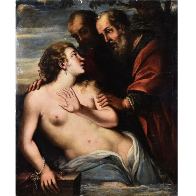 Escuela Italiana de finales del siglo XVII - Susana y los viejos.   Óleo sobre lienzo.