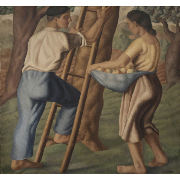 "La recogida de la manzana"  JOSE SARRIEGUI (Ordizia, 1911-1967).    Técnica: Óleo/Lienzo. 