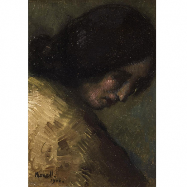 Isidro Nonell. "Cabeza de gitana (1906)". Óleo sobre lienzo adherido a tabla. Firmado y fechado (1906) 