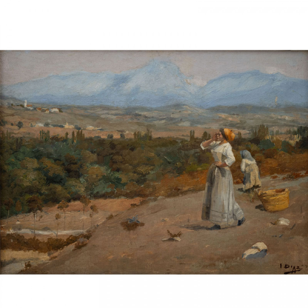&quot;Hortelana recogiendo uvas&quot;  IGNACIO DIAZ OLANO (Vitoria, 1860-1937)  Óleo/Lienzo