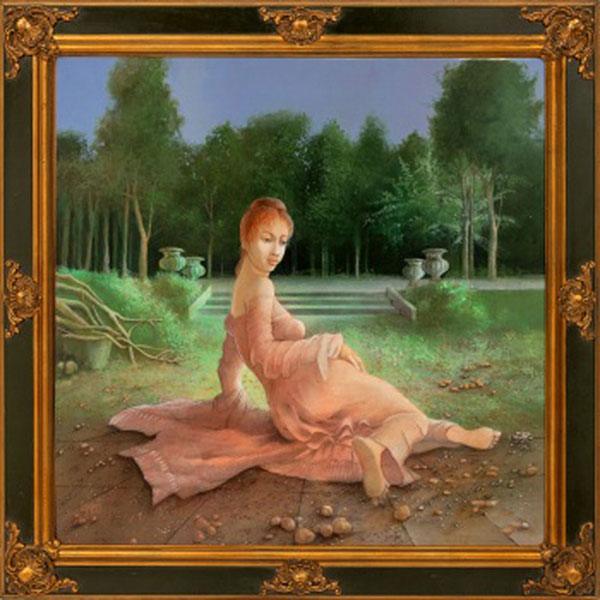 GLAUCO CAPOZZOLI  (Montevideo, Uruguay 1929 - 2003 Zaragoza) "Dama posando en el jardín" Firmado: Capozoli 2001 Óleo / Chapa  