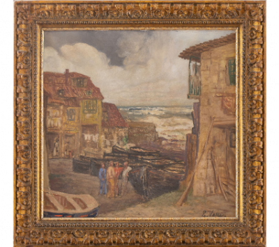 EVARISTO VALLE (Gijón, 1873-1951)  Charla de pescadores, Cudillero?   Óleo sobre lienzo 